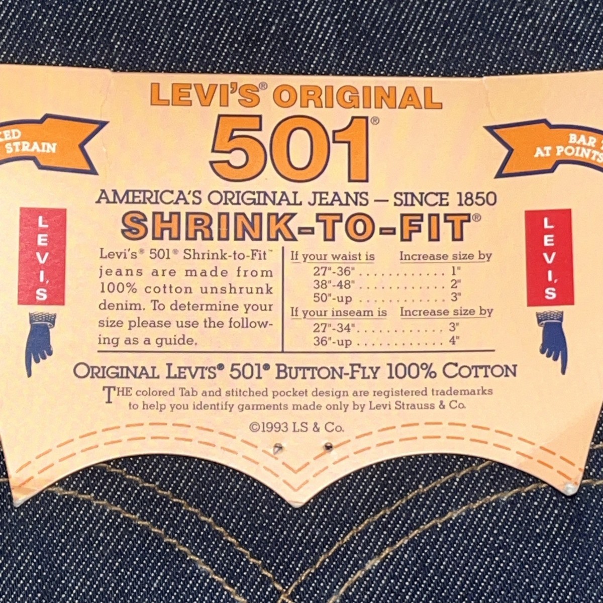 Vintage 1993 Deadstock Levi's 501 Shrink To Fit Raw Denim Size 35