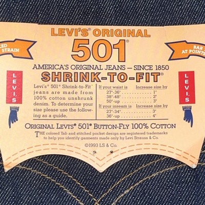 Vintage 1993 Deadstock Levi's 501 Shrink To Fit Raw Denim Size 35