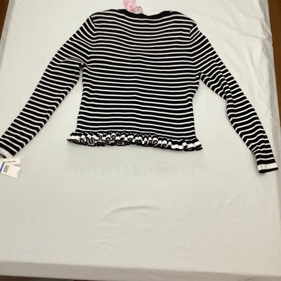 Cárdigan Suéter Nanette Lepore XL Negro Blanco Rayas Volantes Borde Flores Foto 2 de 4