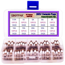 100pcs Quick Blow Ceramic Tube Fuse Assorted Kit Amp 250V 0.5A, 1A, 5A, 6A, 8...
