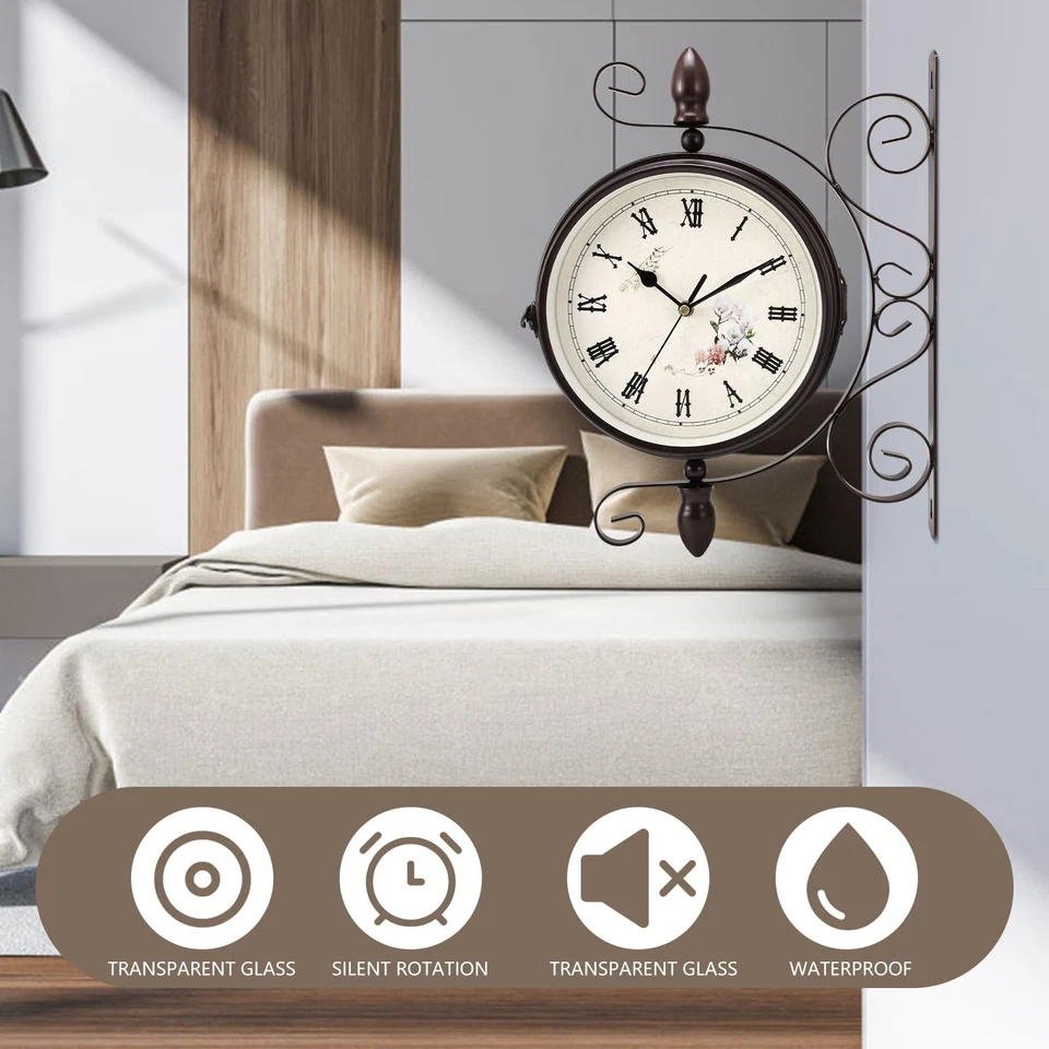 Orologio a Parete Doppia Faccia Impermeabile Giardino Treno Orologio da Stazione - Immagine 3 di 4