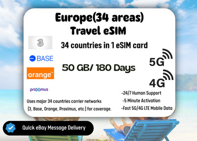 Europe (34 countries)Travel eSIM Card,50GB-180Days,QR Code,Same Day Delivery