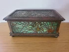 ANTIQUE TIFFANY STUDIOS PINE NEEDLE PATINATED BRONZE GREEN GLASS BOX