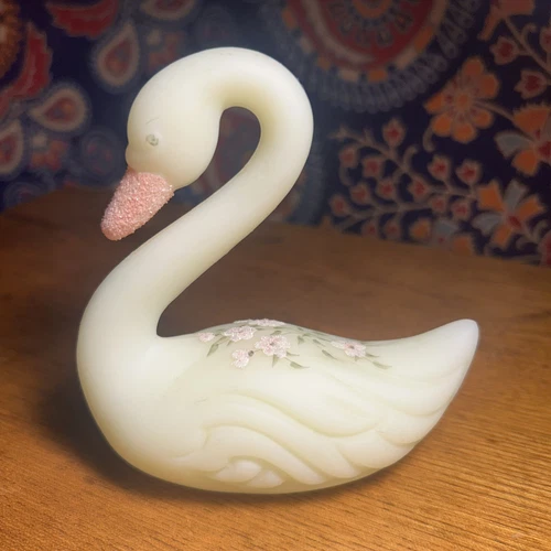 Fenton art satin custard uranium glass hand painted signed Swan floral