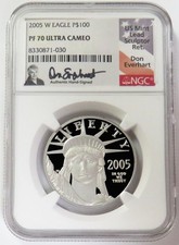 2005 W PLATINUM DON EVERHART SIGNED $100 AMERICAN EAGLE 1oz NGC PF 70 UC 3550.00 per troy oz