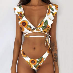 floral ruffle lace up bikini
