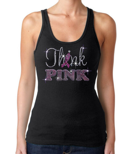 New Junior's BREAST CANCER THINK PINK Rhinestone Black Tank Top Ribbon Shirt  - Bild 1 von 1