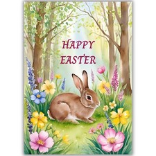 Happy Easter Card Bunny In Wildflower Meadow Watercolour Print Multiple Designs