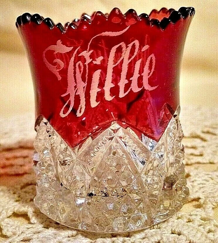 EAPG Ruby Flash Stain Souvenir Toothpick Holder Glass Atlantic City 1898 Red - Image 3 of 4