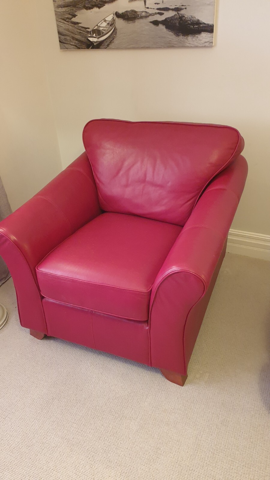 Marks and Spencer Abbey Red Leather Armchair. Excellent cond. Also Sofa