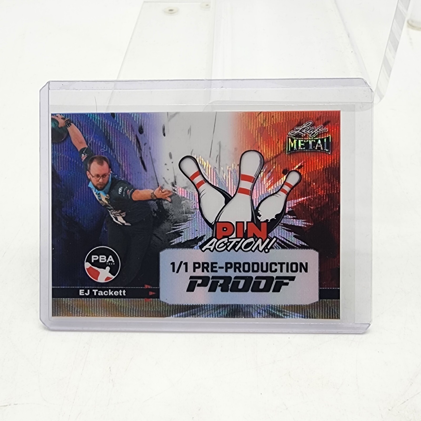 2024 Leaf Metal PBA Bowling Pin Action EJ Tackett Red White Blue Proof 1/1