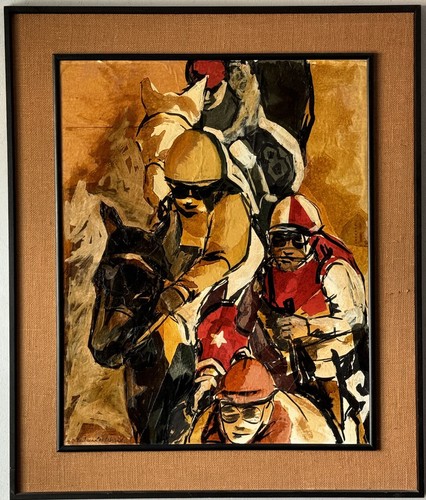 BARBARA LEADABRAND VINTAGE MODERN HORSE RACE JOCKEY COLLAGE OIL PAINTING OLD 68 - Picture 13 of 19