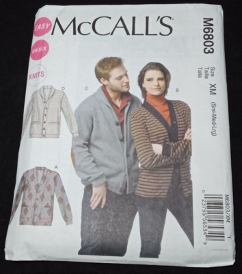 McCall's UC Easy Pattern M6803 Unisex Mens Womens S-M-L Semi Fit Knit Cardigans