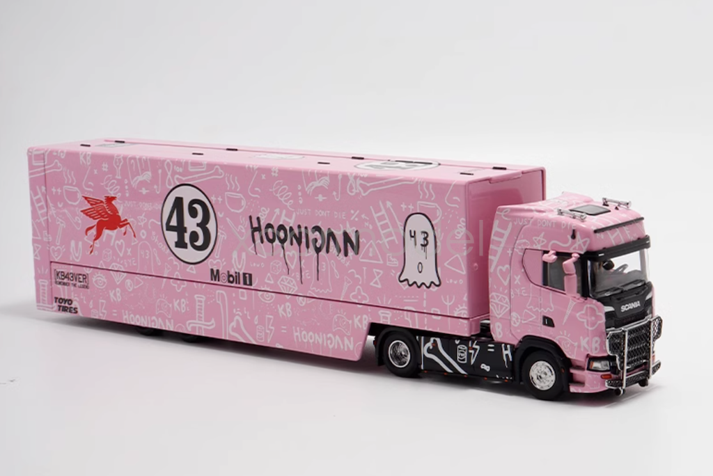Modelo de camión de juguete Scania S730 rosa cerrado doble cubierta fundido a presión escala 1:64