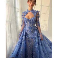 Blue Sequin Flower Prom Dress Tiered Ruffle Detachable Train Evening Dresses