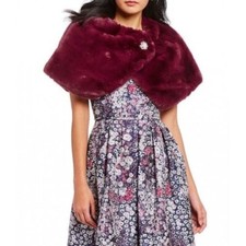 Tahari ASL Faux Fur, Wine, Shrug Wrap Satin Lined, Rhinestone Brooch Wine - S