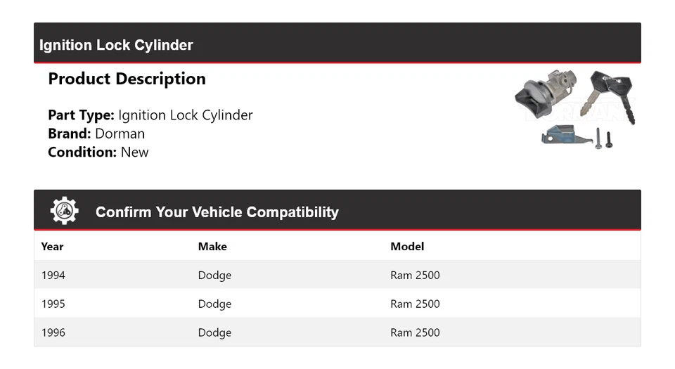 Cilindro de bloqueo de encendido 1995 para Dodge Ram 2500 Dorman 1994-1996 Foto 2 de 4