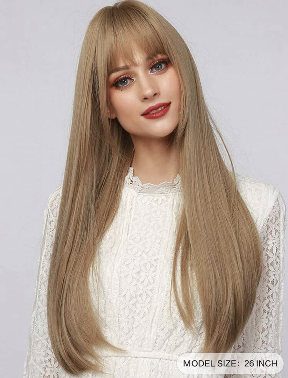 Perruque longue blonde dorée avec frange pour masquer la chute de cheveux
