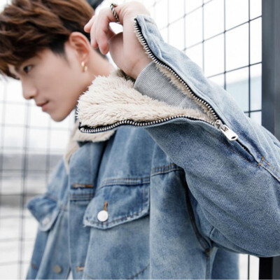 Men Winter Lapel Faux Lamb Lining Denim Long Trench Coat Casual