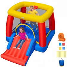 Inflatable Bounce House with Long Slide, Basketball Hoop 380W Blower Included