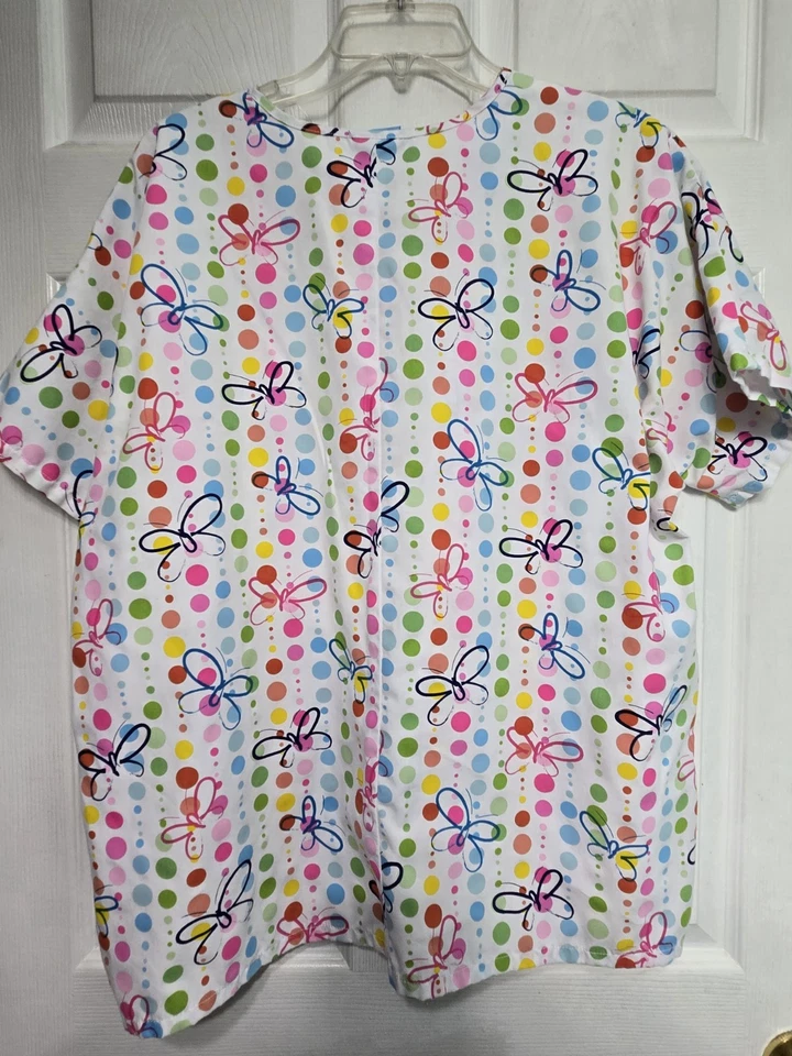 Scrub HQ SCRUB TOP Size L- Pastel Dots & Butterflies-Chest 24.5"/L 27" - Image 2 of 4