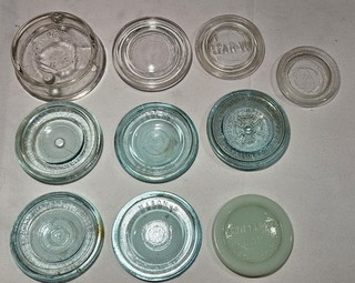 Lot of 10 Vintage Glass Canning Mason Jar Lids Asst Size & Color