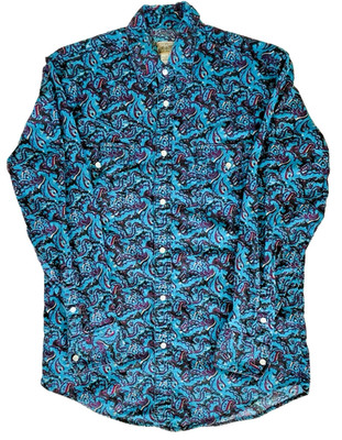Express Rider Pearl Snap Western Shirt Men's Size M Blue Paisley Pockets Yoke
