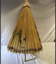 Vintage Hand-Painted Paper Parasol Umbrella Lotus Birds Butterfly 38" Decor