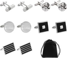 Lot 5 paires boutons manchette acier inoxydable noir argenté sac épingle cravate