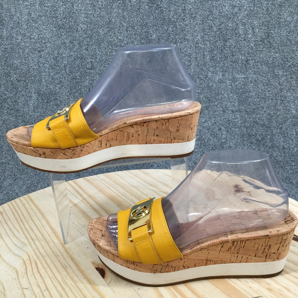 Michael Kors Sandals Womens 8 M Warren Slide Yellow Leather Slip On Wedge Heels - Image 2 of 4