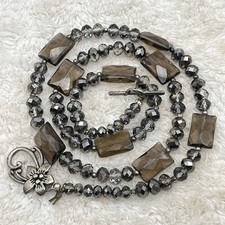 Smoky Gray Necklace Faceted Glass Beads Flower Toggle Clasp 27"