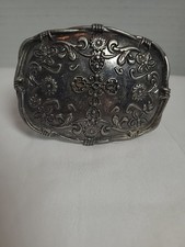 Religious Flower Swirl Cross On Western Outlined Silver Tone Belt Buckle