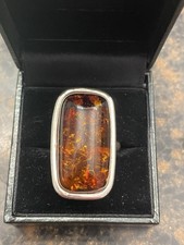 vintage Marked Sterling Silver 925 Large Amber Ring Size Adjustable Never Worn