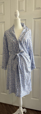 NWT Eileen West Robe Womens S/M Blue Floral Cotton Tie Belt Cottage Ruffles