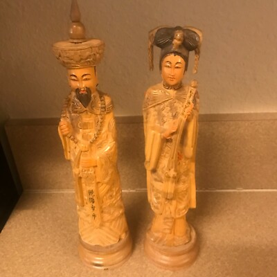 Vintage Hand Carve Paint Sign Wood 9 Lady 10'' Man Royal Chinese Couple Figurines