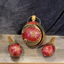 VINTAGE CARVED MARACAS And Water Jug HAND-PAINTED Rattle Percussion Folk 1976