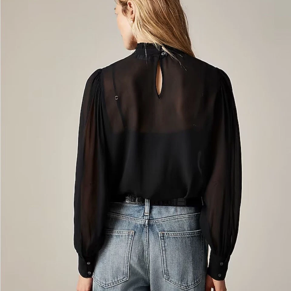 Top J Crew cuello volante en gasa para mujer XS negro Foto 3 de 4