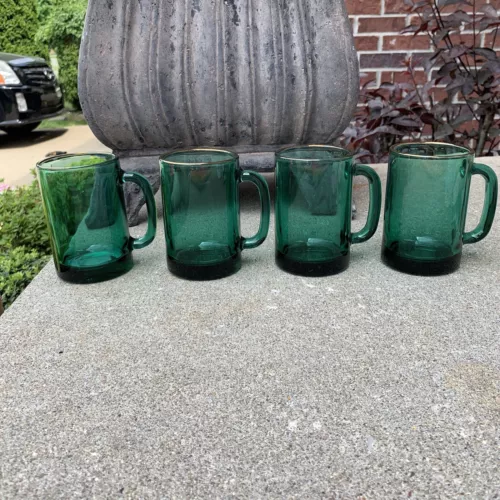 Vintage MidCentury Glass Coffee Cup Mug Emerald Green Gold Rim Trim Set Of 4