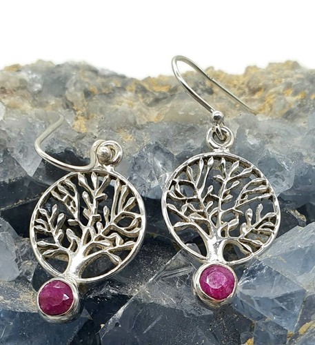 Tree of Life Ruby Earrings, Sterling Silver, July Birthstone, Natural Ruby gems - Picture 3 of 7