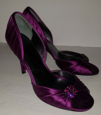 NINE WEST purple Satin fabric Rhinestone Jeweled Peeptoe D'orsay Pumps  Heels