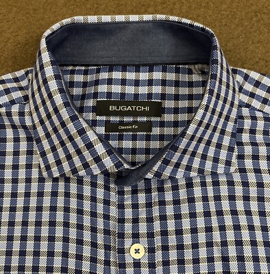 BUGATCHI Mens Blue Plaid Classic Fit Button Down Shirt Large