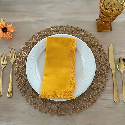 Kitchen Dining Cloth Set/4 Napkins Mustard Yellow Fringe Hem 18 x 18 Fall 
