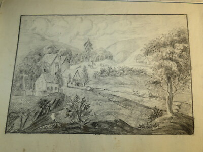 FRENCH SCHOOL XVIII DRAWING BLACK STONE LANDSCAPE ANIME FOLK ART 1780 d