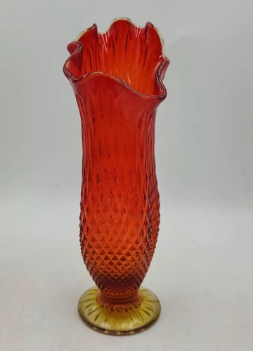 Vintage Stretch Swung Vase Amberina Glowy Glass Diamond Point Art Glass 10" Red