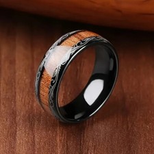 Stainless Steel Etched Design Wood Grain Black Coated Ring - Size 10