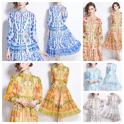 Chiffon Vintage Floral Print Mock Neck Bow Loops Women Casual Party Shirt Dress