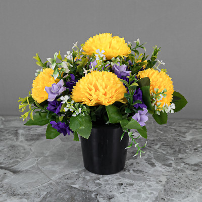 Grabtopf künstliche Seidenblumen gelbe Nelken lila Mini Rosen Denkmal