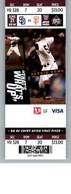 San Diego Padres vs San Francisco Giants 6/21/2018 Full Ticket - Sergio Romo