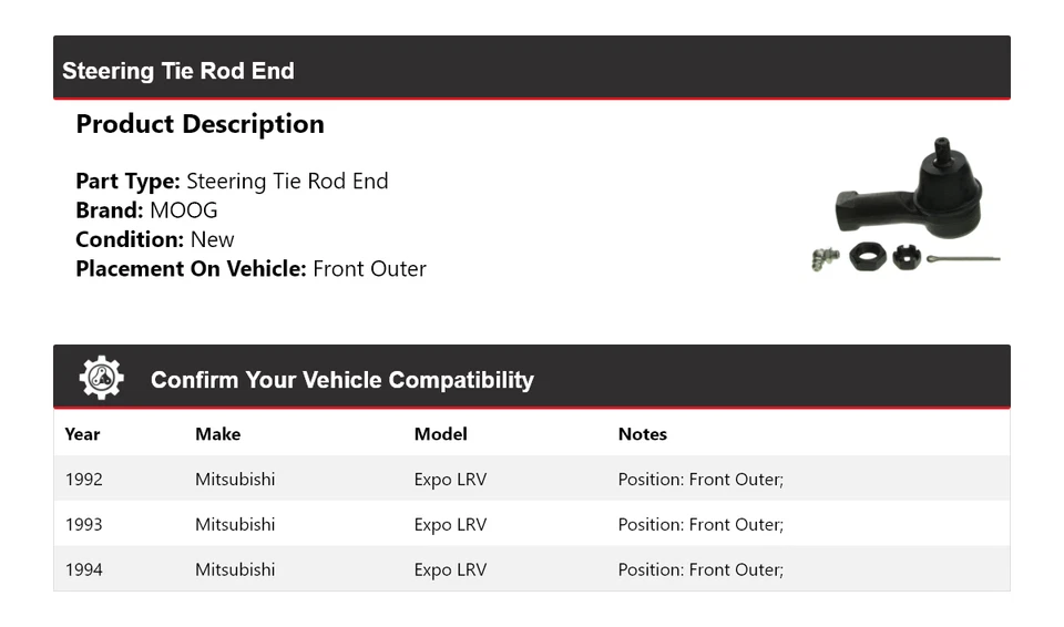 Extremo de barra de dirección exterior delantero MOOG 1992-1994 para Mitsubishi Expo LRV Foto 2 de 4