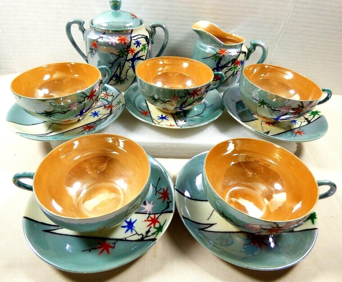 VTG 1930's lot of 12 Japan Lusterware Gold Blue Swallow Tea cups